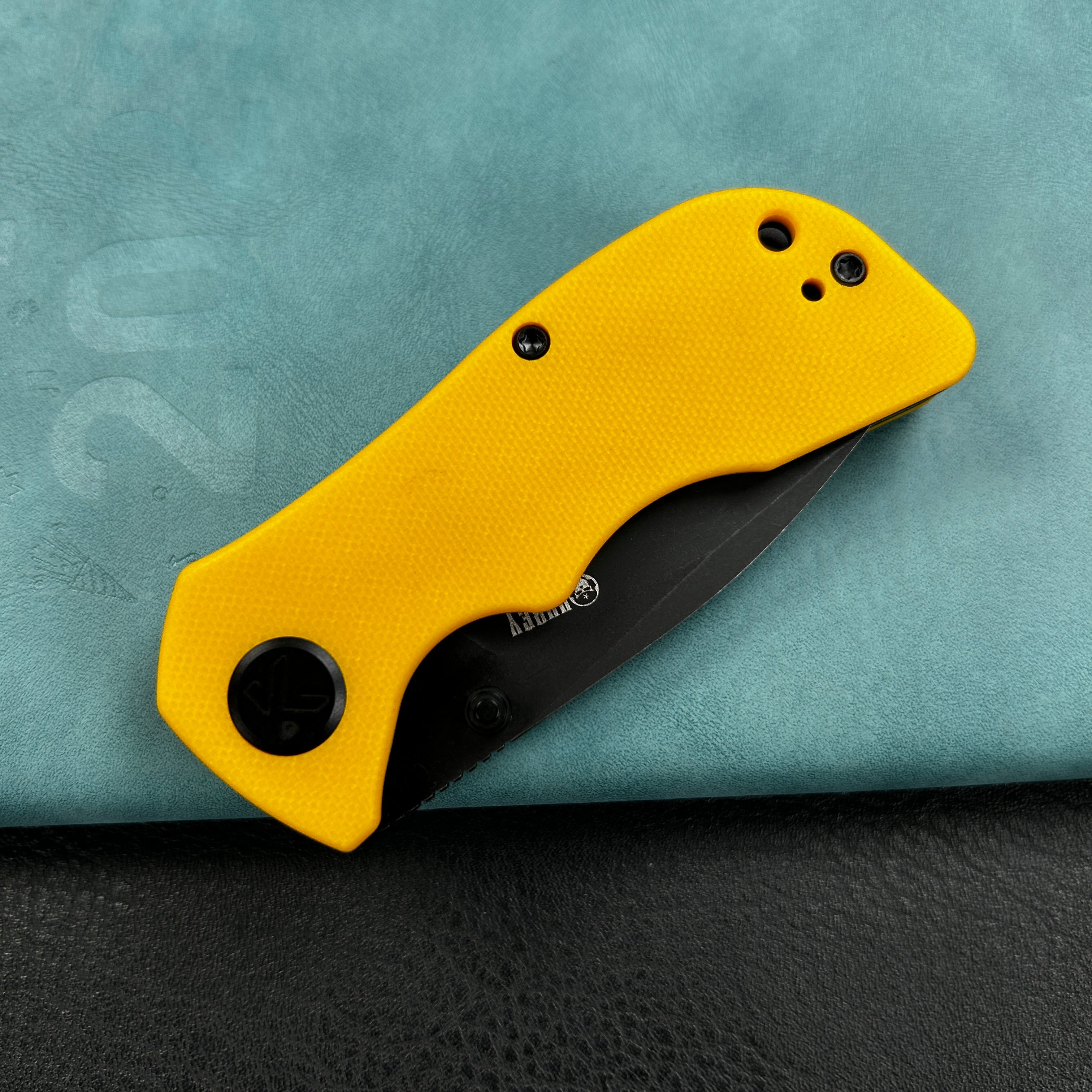 KUBEY KU180N Karaji Liner Lock Dual Thumb Studs Open Folding Pocket Knife Yellow G10 Handle 2.56" Blackwash 14C28N