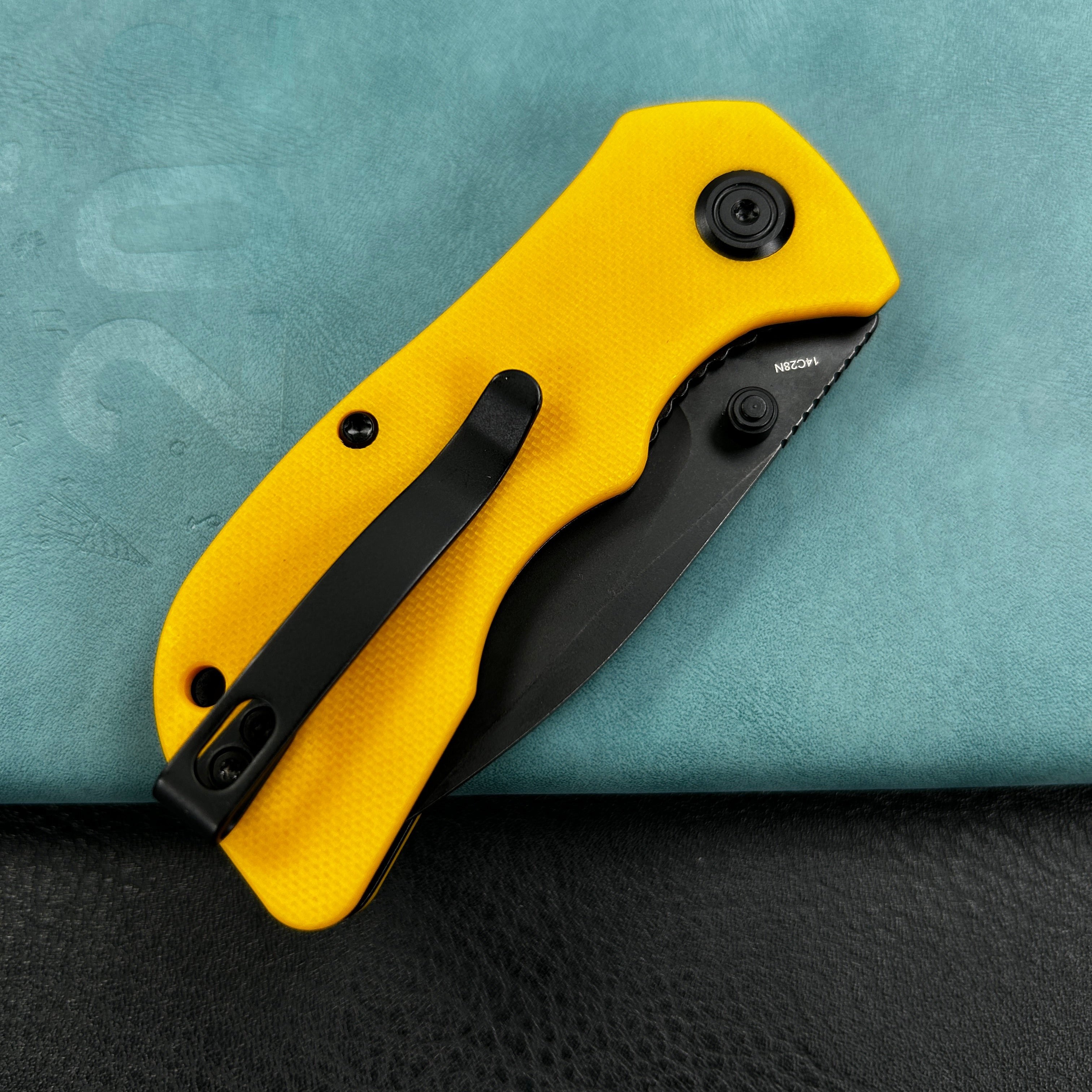 KUBEY KU180N Karaji Liner Lock Dual Thumb Studs Open Folding Pocket Knife Yellow G10 Handle 2.56" Blackwash 14C28N