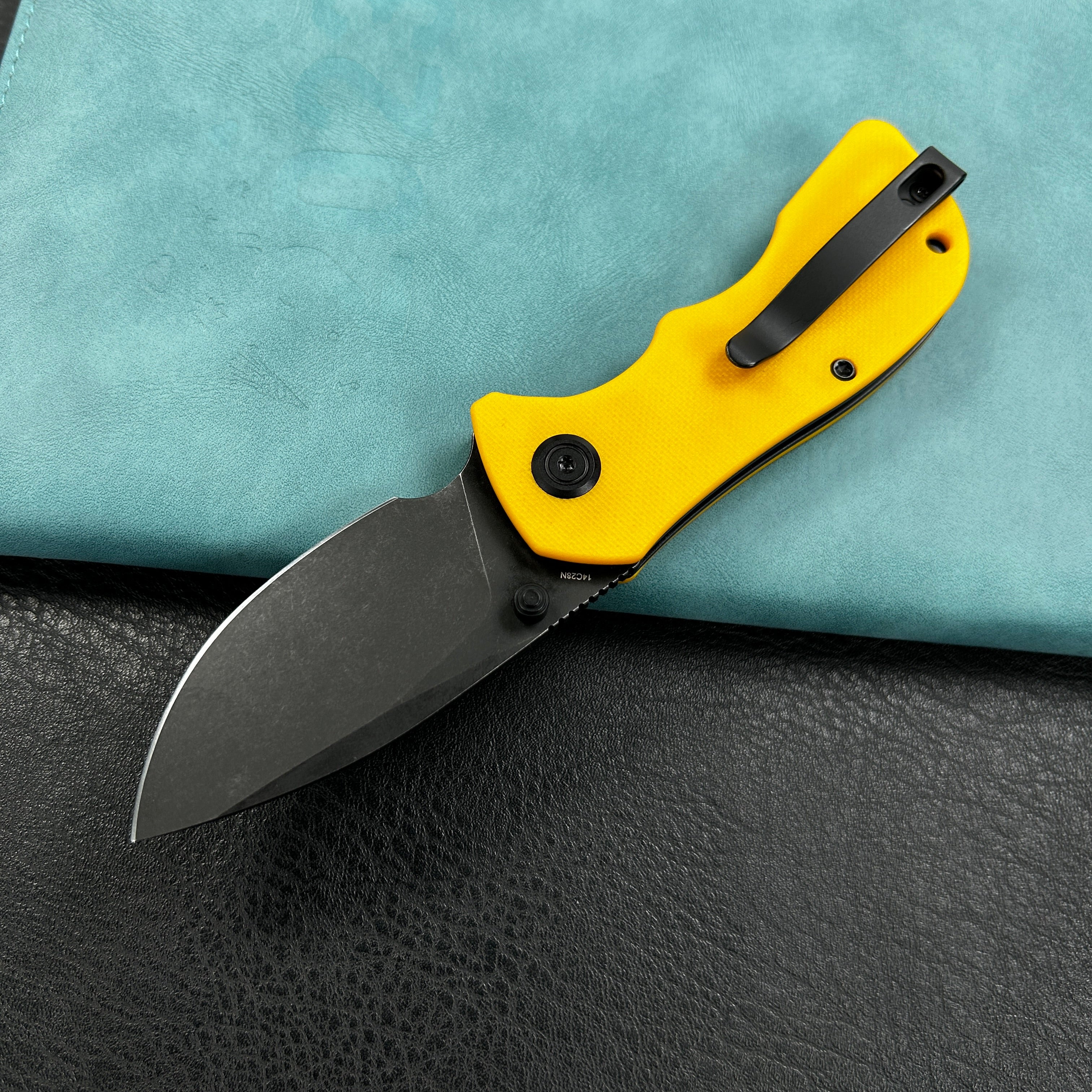 KUBEY KU180N Karaji Liner Lock Dual Thumb Studs Open Folding Pocket Knife Yellow G10 Handle 2.56" Blackwash 14C28N