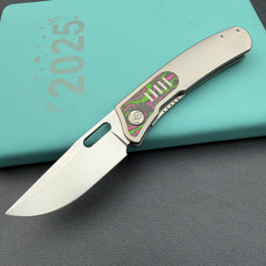 KB Knives KB377B Common Thread Frame Lock Folding Knife Grey Titanium with Watermelon Sugar CamoCarbon 2.95'' M390 Blade