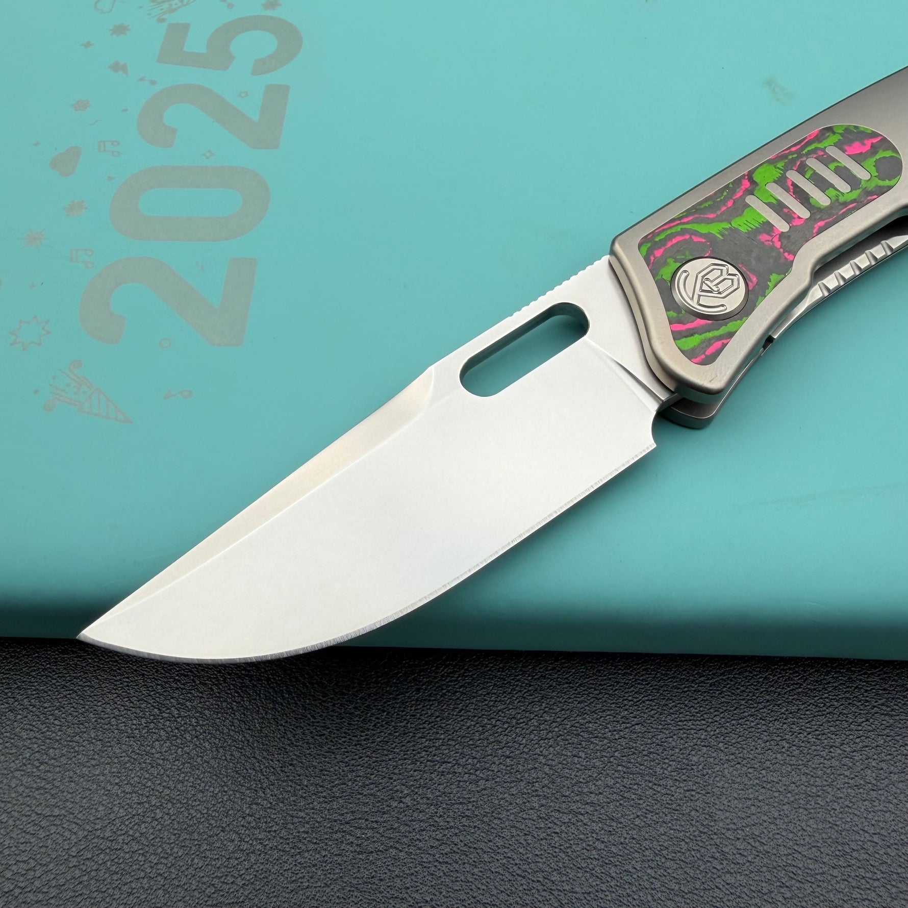 KB KNIVES  KB377B Common Thread Frame Lock Folding Knife Grey Titanium with Watermelon Sugar CamoCarbon 2.95'' M390 Blade