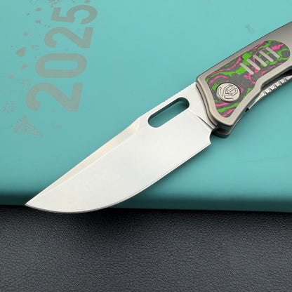 KB Knives KB377B Common Thread Frame Lock Folding Knife Grey Titanium with Watermelon Sugar CamoCarbon 2.95'' M390 Blade