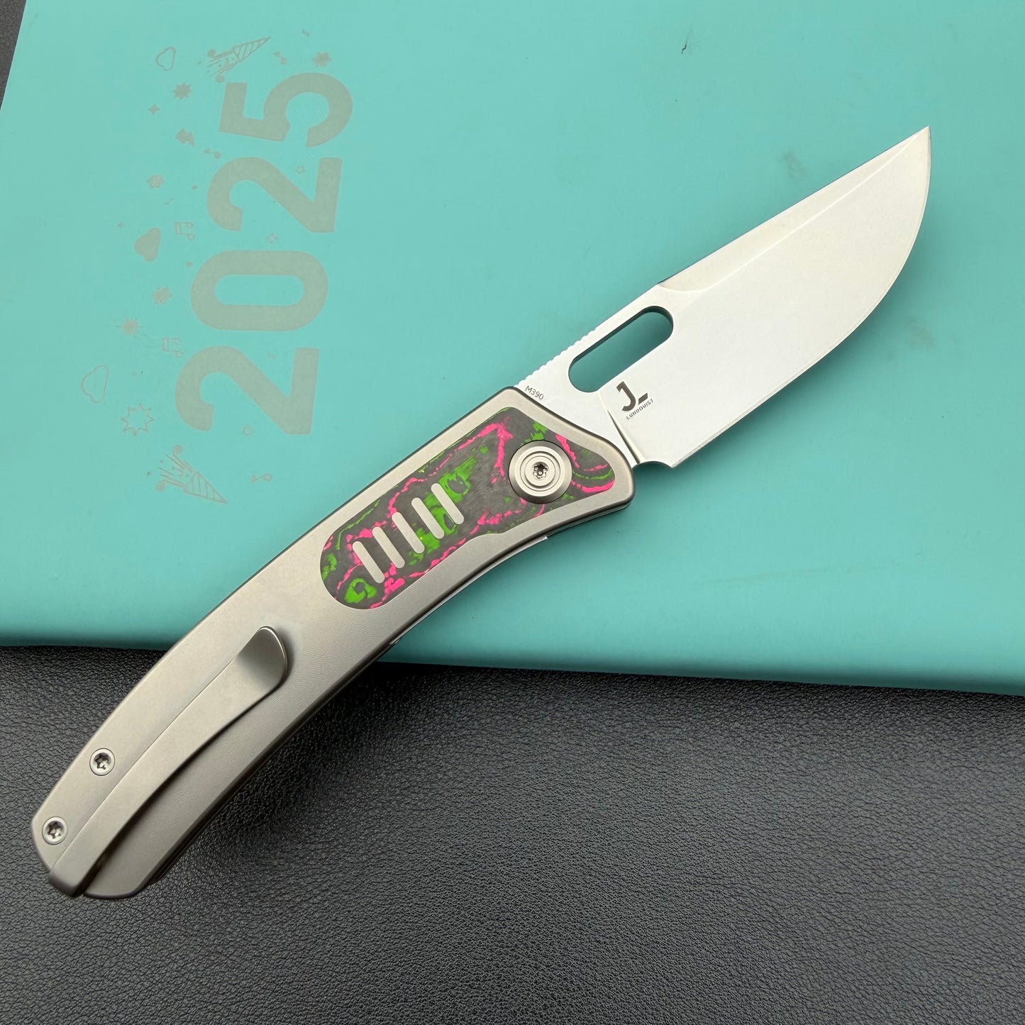 KB Knives KB377B Common Thread Frame Lock Folding Knife Grey Titanium with Watermelon Sugar CamoCarbon 2.95'' M390 Blade