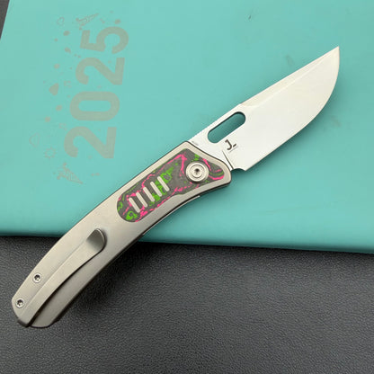 KB Knives KB377B Common Thread Frame Lock Folding Knife Grey Titanium with Watermelon Sugar CamoCarbon 2.95'' M390 Blade