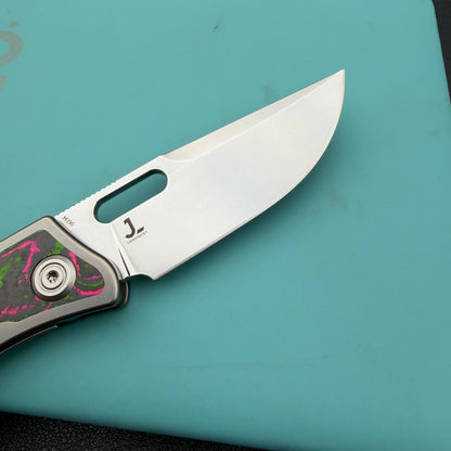 KB Knives KB377B Common Thread Frame Lock Folding Knife Grey Titanium with Watermelon Sugar CamoCarbon 2.95'' M390 Blade