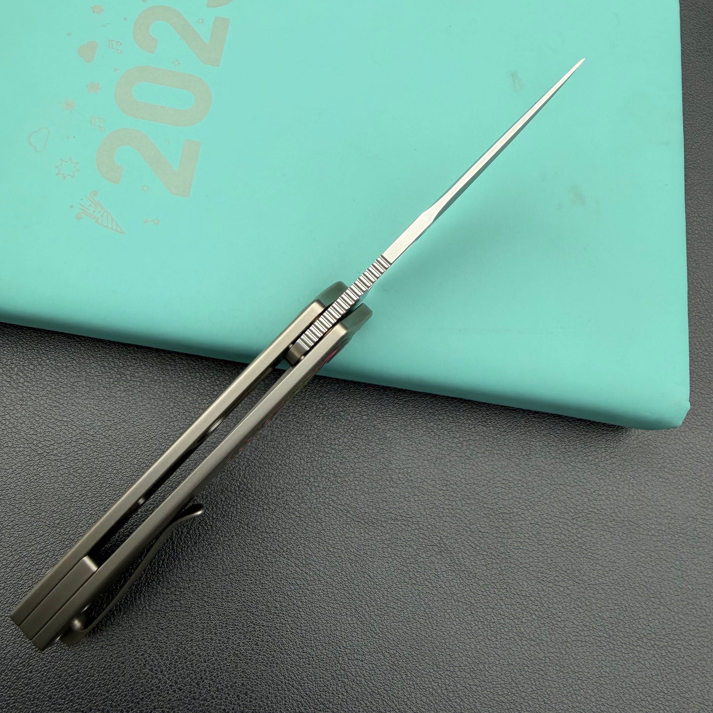 KB Knives KB377B Common Thread Frame Lock Folding Knife Grey Titanium with Watermelon Sugar CamoCarbon 2.95'' M390 Blade