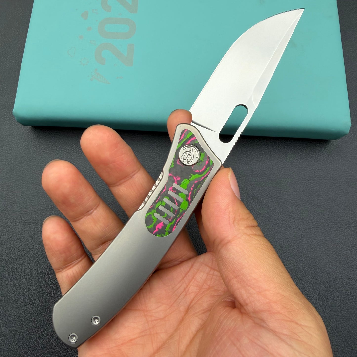 KB Knives KB377B Common Thread Frame Lock Folding Knife Grey Titanium with Watermelon Sugar CamoCarbon 2.95'' M390 Blade
