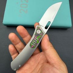 KB Knives KB377B Common Thread Frame Lock Folding Knife Grey Titanium with Watermelon Sugar CamoCarbon 2.95'' M390 Blade