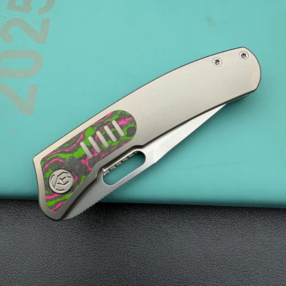 KB Knives KB377B Common Thread Frame Lock Folding Knife Grey Titanium with Watermelon Sugar CamoCarbon 2.95'' M390 Blade