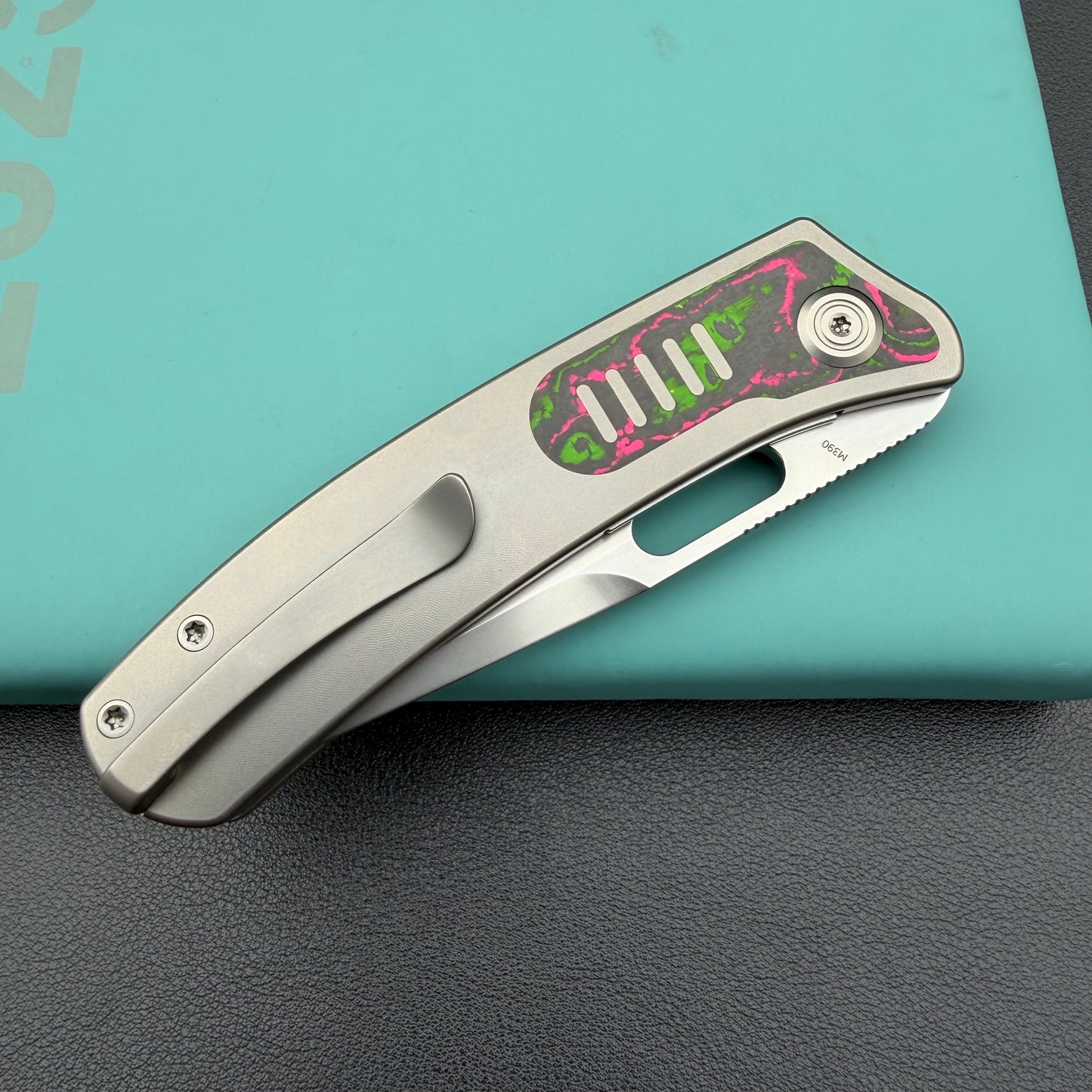 KB Knives KB377B Common Thread Frame Lock Folding Knife Grey Titanium with Watermelon Sugar CamoCarbon 2.95'' M390 Blade