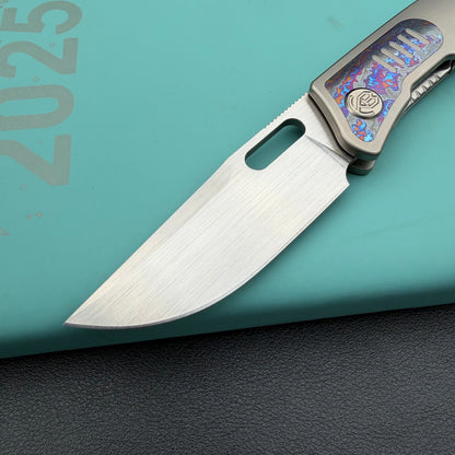 KB KNIVES KB377D Common Thread Folding Knife Sand Blasting Titanium/Zircuti Inlays Handle 3.35'' Silver Bead Blasting M390