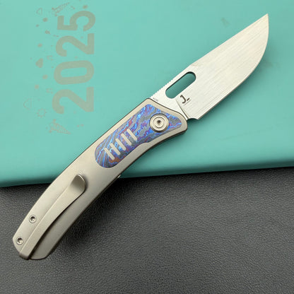 KB KNIVES KB377D Common Thread Folding Knife Sand Blasting Titanium/Zircuti Inlays Handle 3.35'' Silver Bead Blasting M390