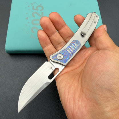 KB KNIVES KB377D Common Thread Folding Knife Sand Blasting Titanium/Zircuti Inlays Handle 3.35'' Silver Bead Blasting M390
