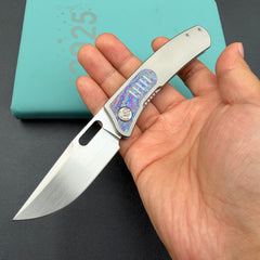 KB KNIVES KB377D Common Thread Folding Knife Sand Blasting Titanium/Zircuti Inlays Handle 3.35'' Silver Bead Blasting M390 Blade