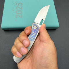 KB KNIVES KB377D Common Thread Folding Knife Sand Blasting Titanium/Zircuti Inlays Handle 3.35'' Silver Bead Blasting M390 Blade