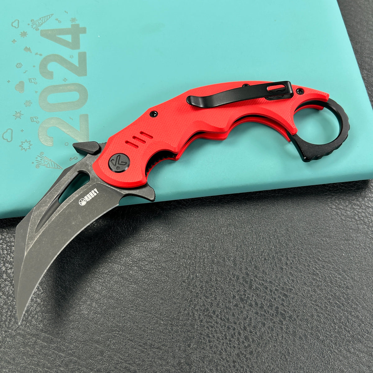 KUBEY  KU262H Mini Wrath Karambit Folding Knife Red G-10 Handle 2.44" Blackwash 14C28N Blade