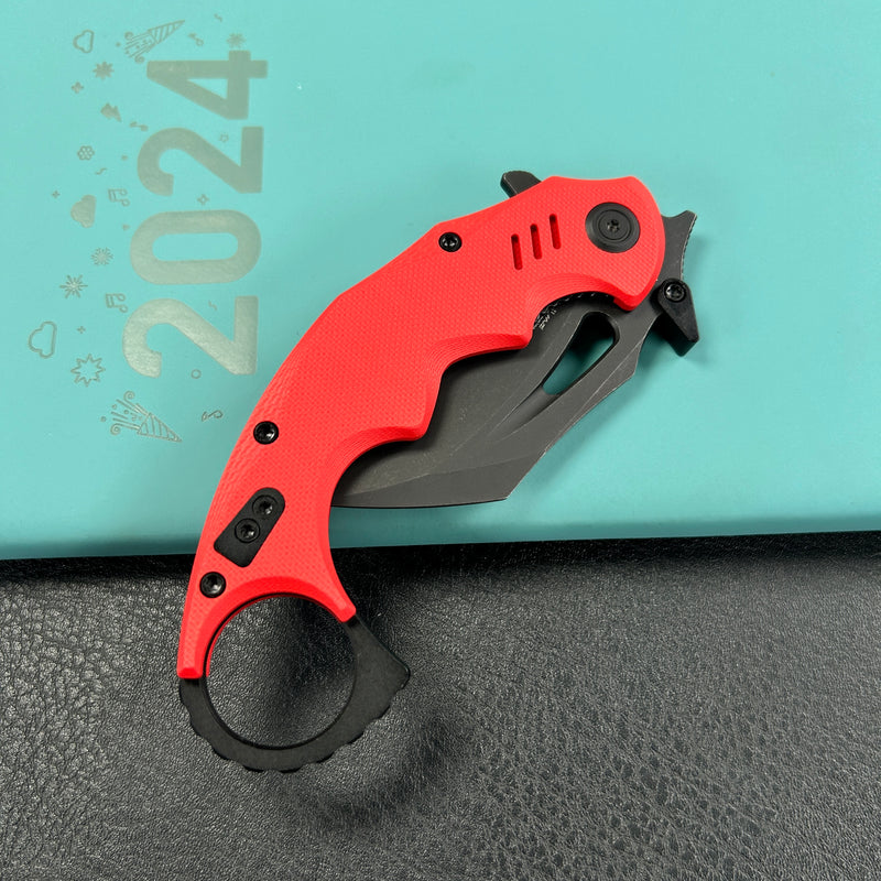 KUBEY  KU262H Mini Wrath Karambit Folding Knife Red G-10 Handle 2.44" Blackwash 14C28N Blade