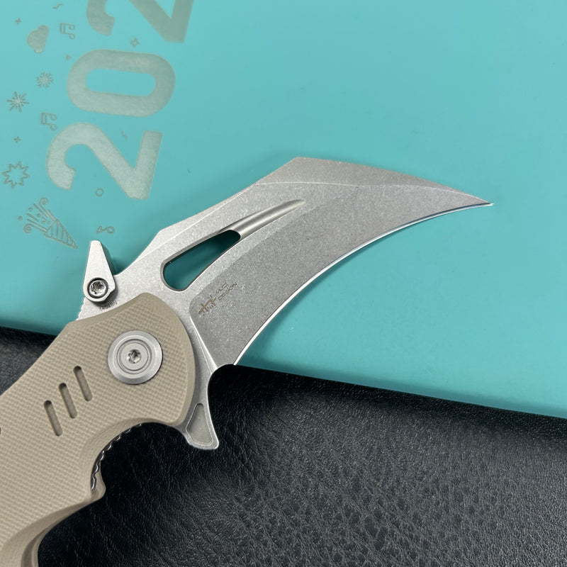 KUBEY KU262C Mini Wrath Karambit Folding Knife Tan G-10 Handle 2.44" Beadblast 14C28N Blade