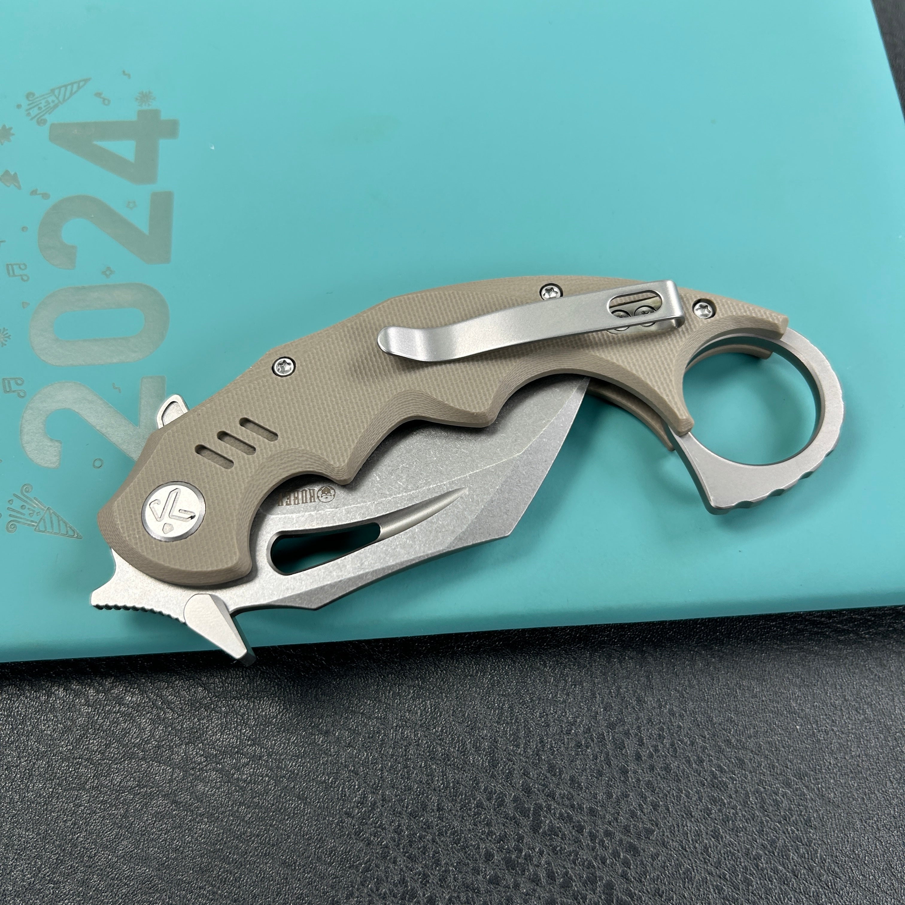 KUBEY KU262C Mini Wrath Karambit Folding Knife Tan G-10 Handle 2.44" Beadblast 14C28N Blade