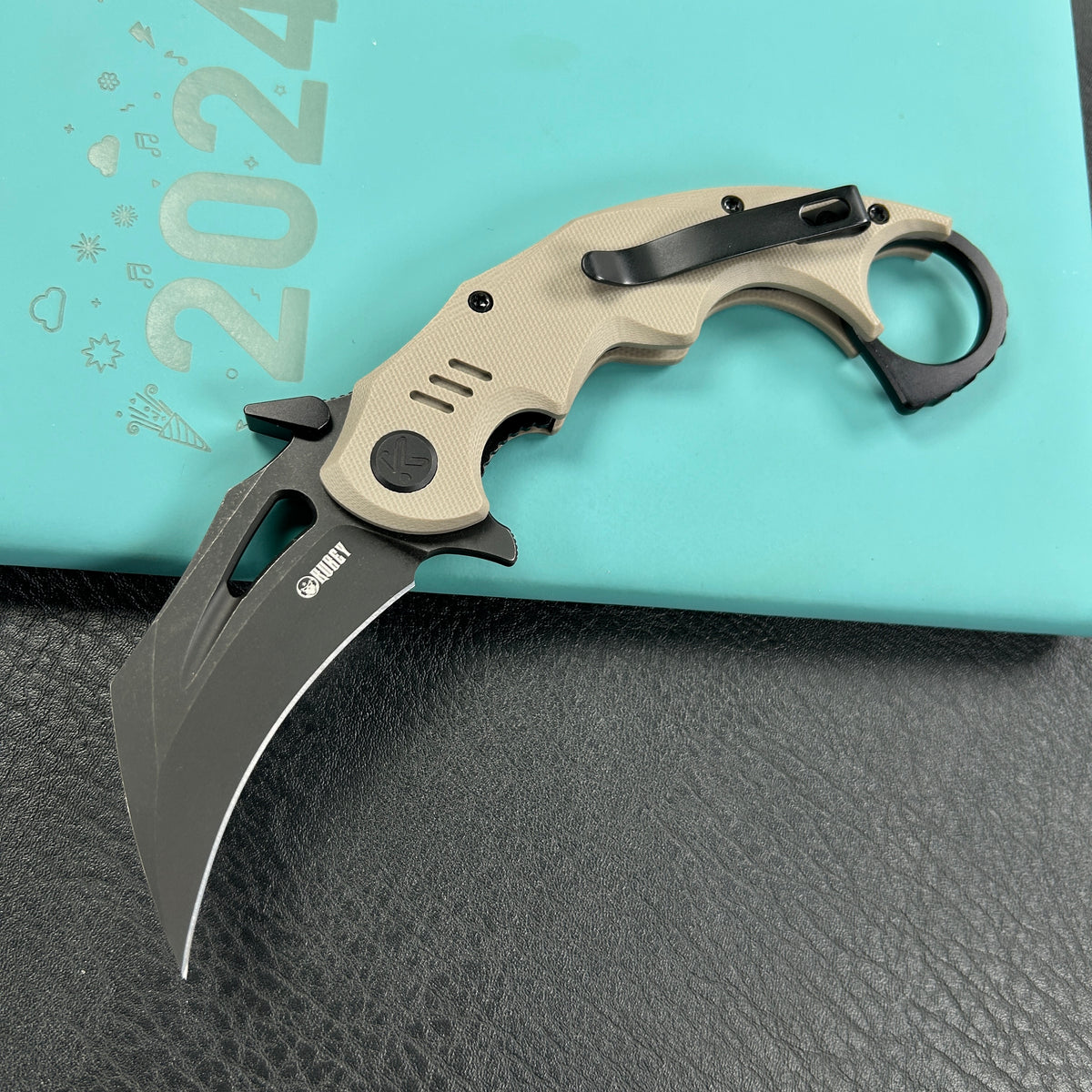 KUBEY KU262G Mini Wrath Karambit Folding Knife Tan G-10 Handle 2.44" Blackwash 14C28N Blade