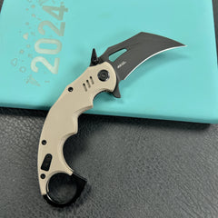 KUBEY KU262G Mini Wrath Karambit Folding Knife Tan G-10 Handle 2.44" Blackwash 14C28N Blade