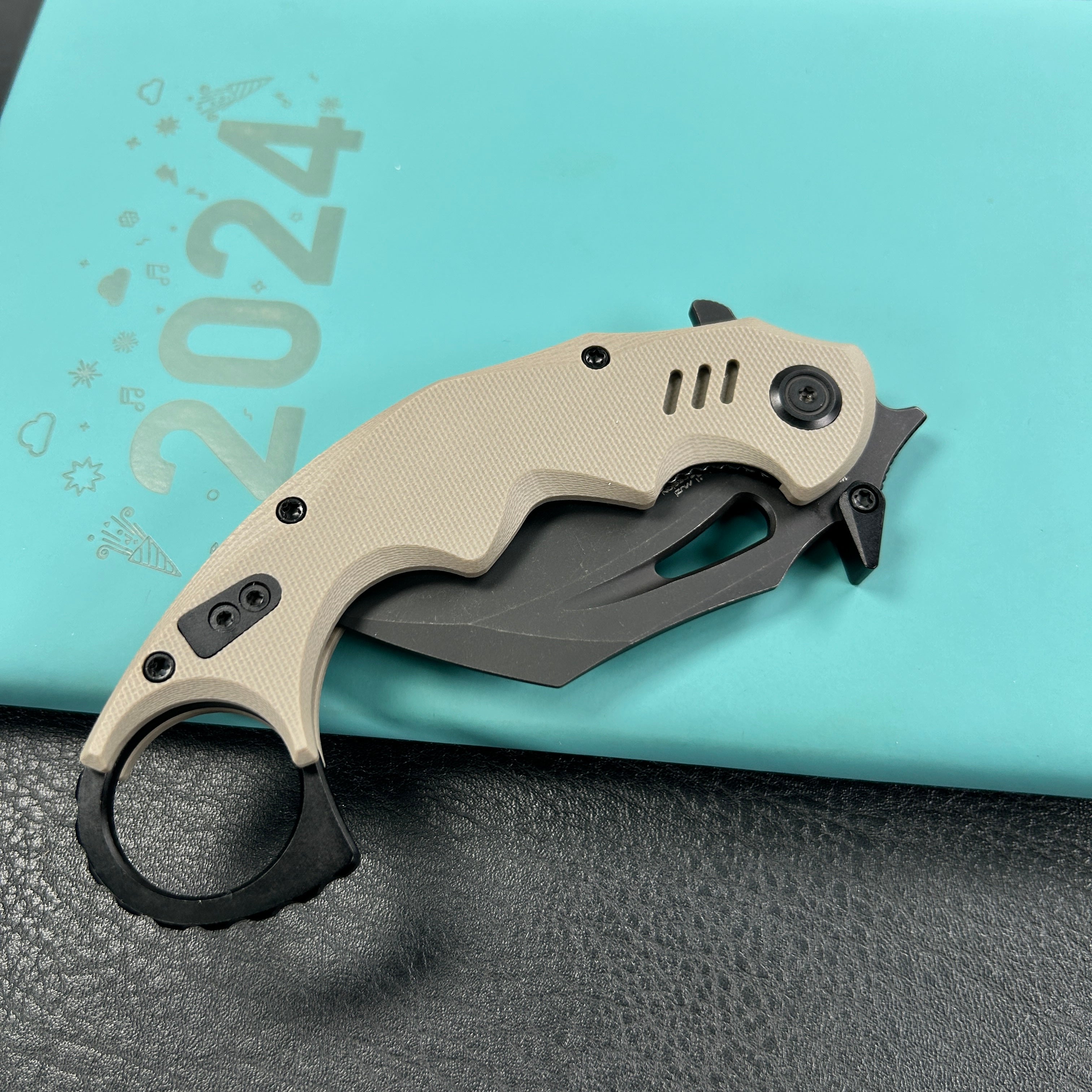 KUBEY KU262G Mini Wrath Karambit Folding Knife Tan G-10 Handle 2.44" Blackwash 14C28N Blade