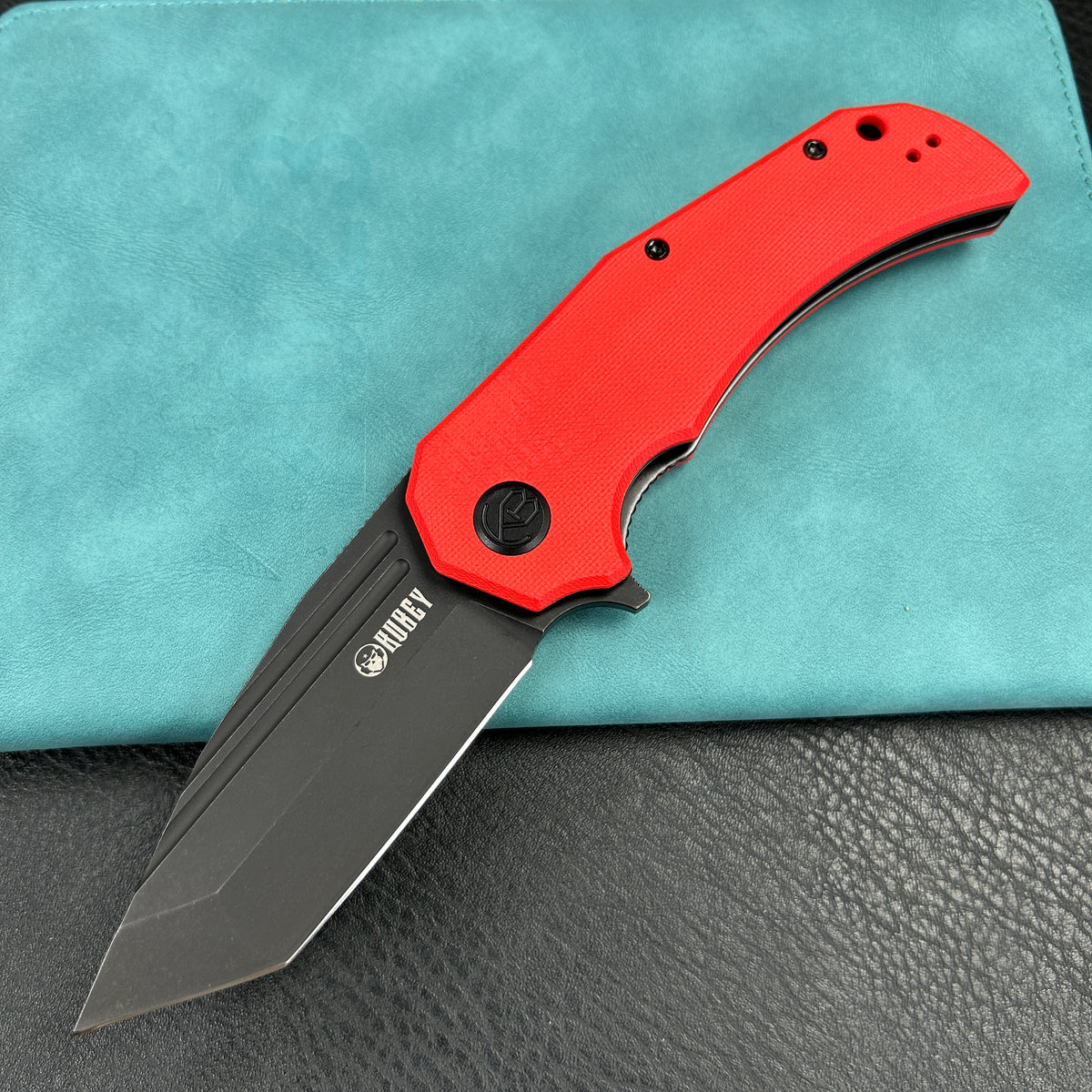 KUBEY KU318B Mikkel Willumsen Design Bravo one Tanto Outdoor Folding Camping Knife  Red  G10 Handle 3.39" Blackwash  AUS-10