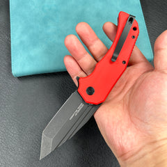 KUBEY KU318B Mikkel Willumsen Design Bravo one Tanto Outdoor Folding Camping Knife  Red  G10 Handle 3.39" Blackwash  AUS-10