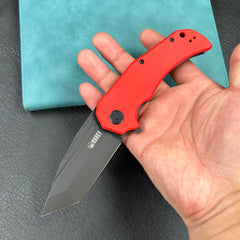 KUBEY KU318B Mikkel Willumsen Design Bravo one Tanto Outdoor Folding Camping Knife  Red  G10 Handle 3.39" Blackwash  AUS-10