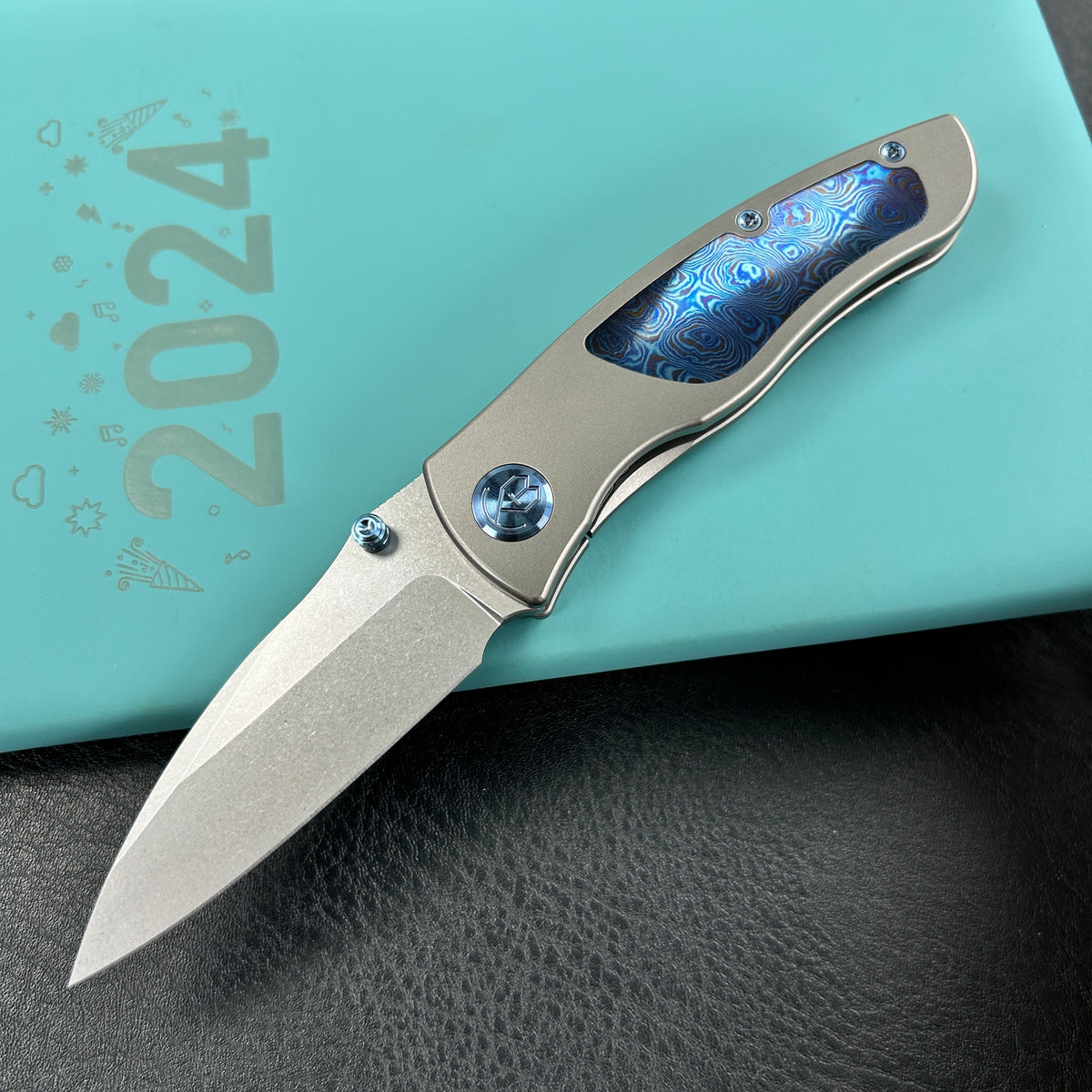 KB Knives KB258D Vertigo Frame Lock Folding Knife Titanium with Timascus inlays Inlays 3.11" Stonewash CPM S35VN Blade