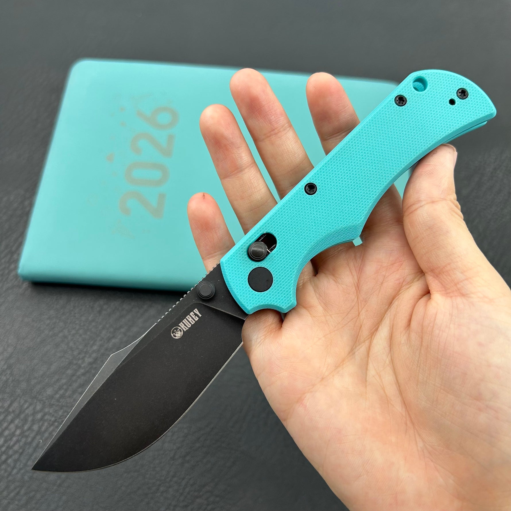 KU KNIVES KU503C Iguana Crossbar Lock Black Tiffany Blue Folding Knife