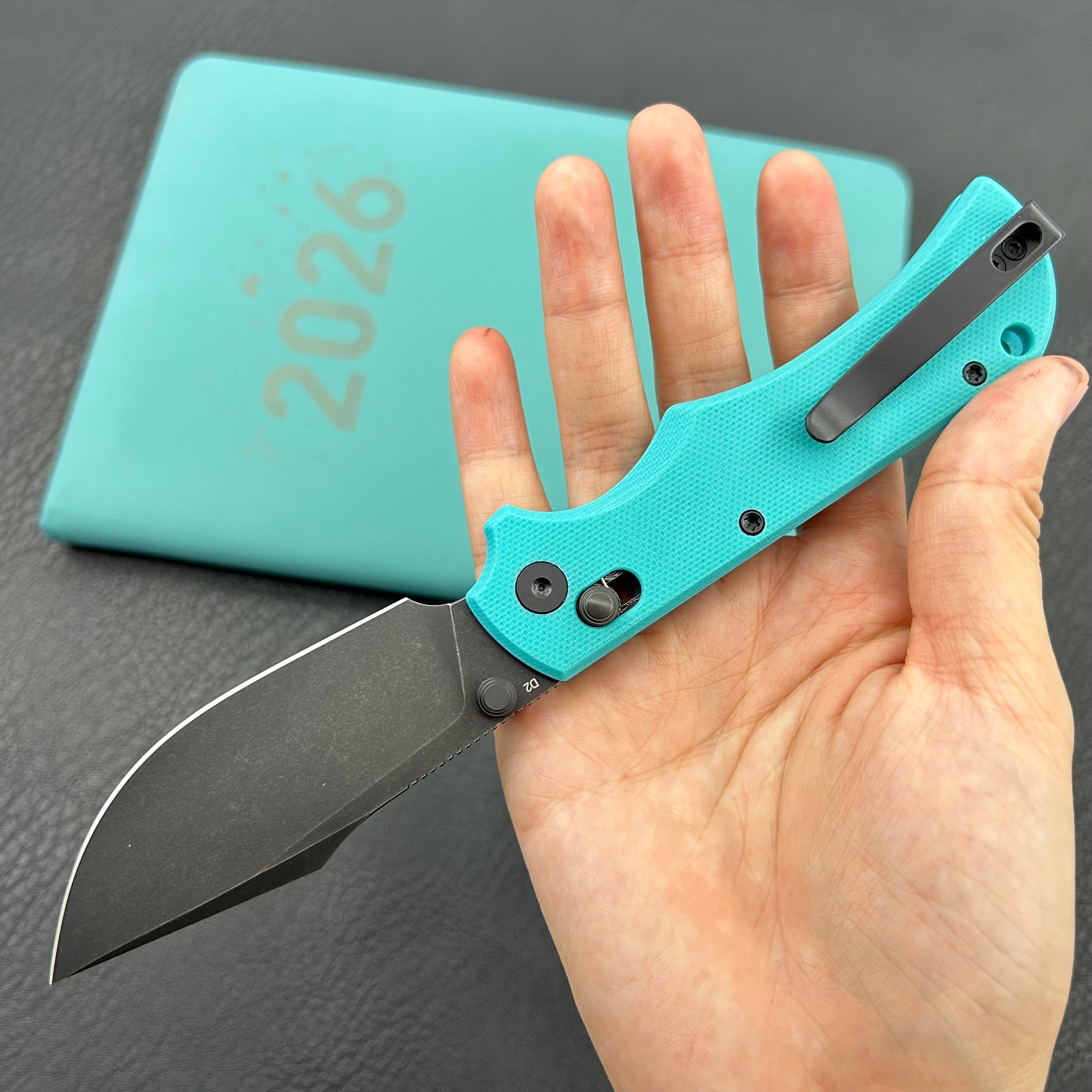 KU KNIVES KU503C Iguana Crossbar Lock Black Tiffany Blue Folding Knife