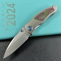 KB Knives KB258B Vertigo Frame Lock Folding Knife Titanium with Watermelon Sugar CamoCarbon Inlays 3.11" Stonewash CPM S35VN Blade