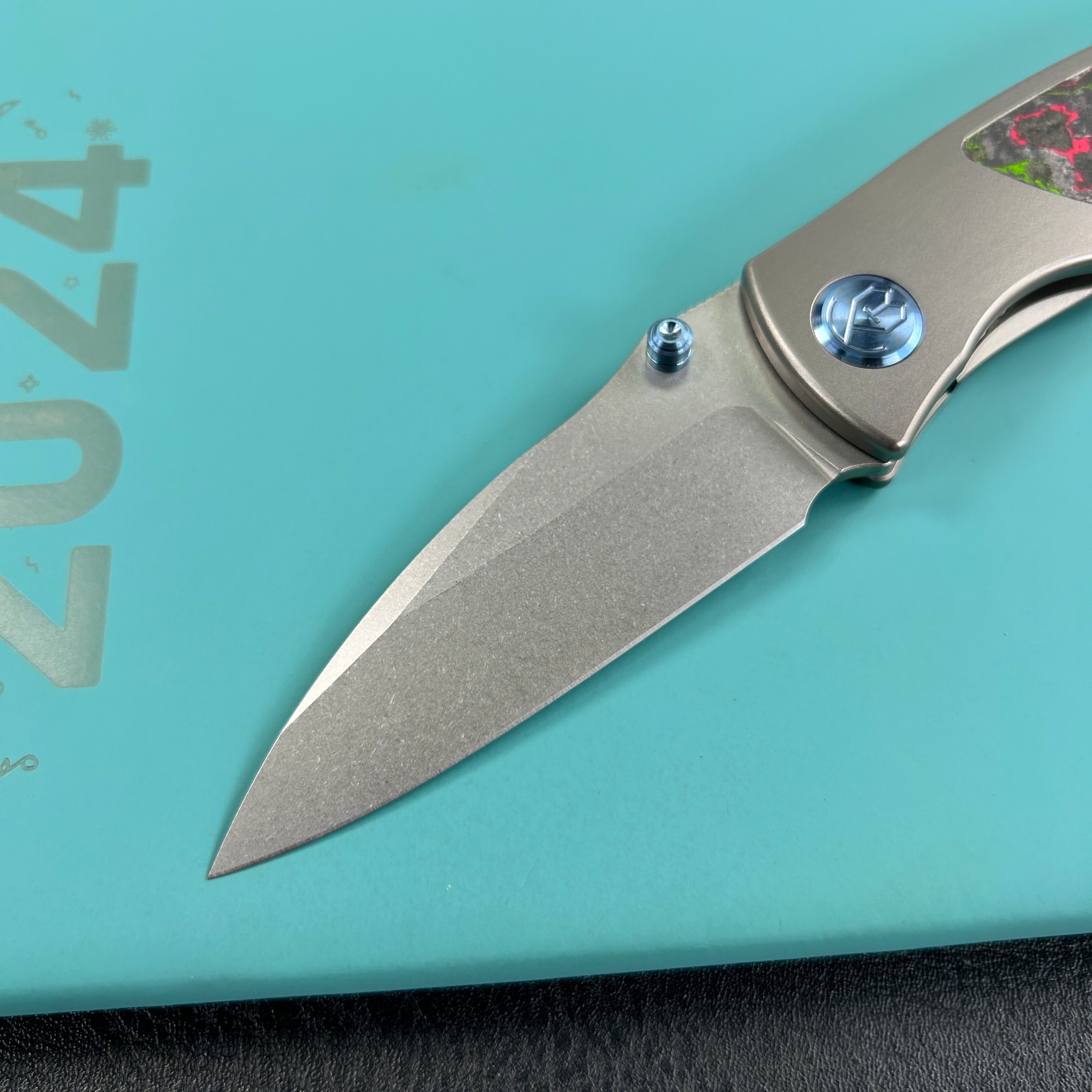 KB Knives KB258B Vertigo Frame Lock Folding Knife Titanium with Watermelon Sugar CamoCarbon Inlays 3.11" Stonewash CPM S35VN Blade