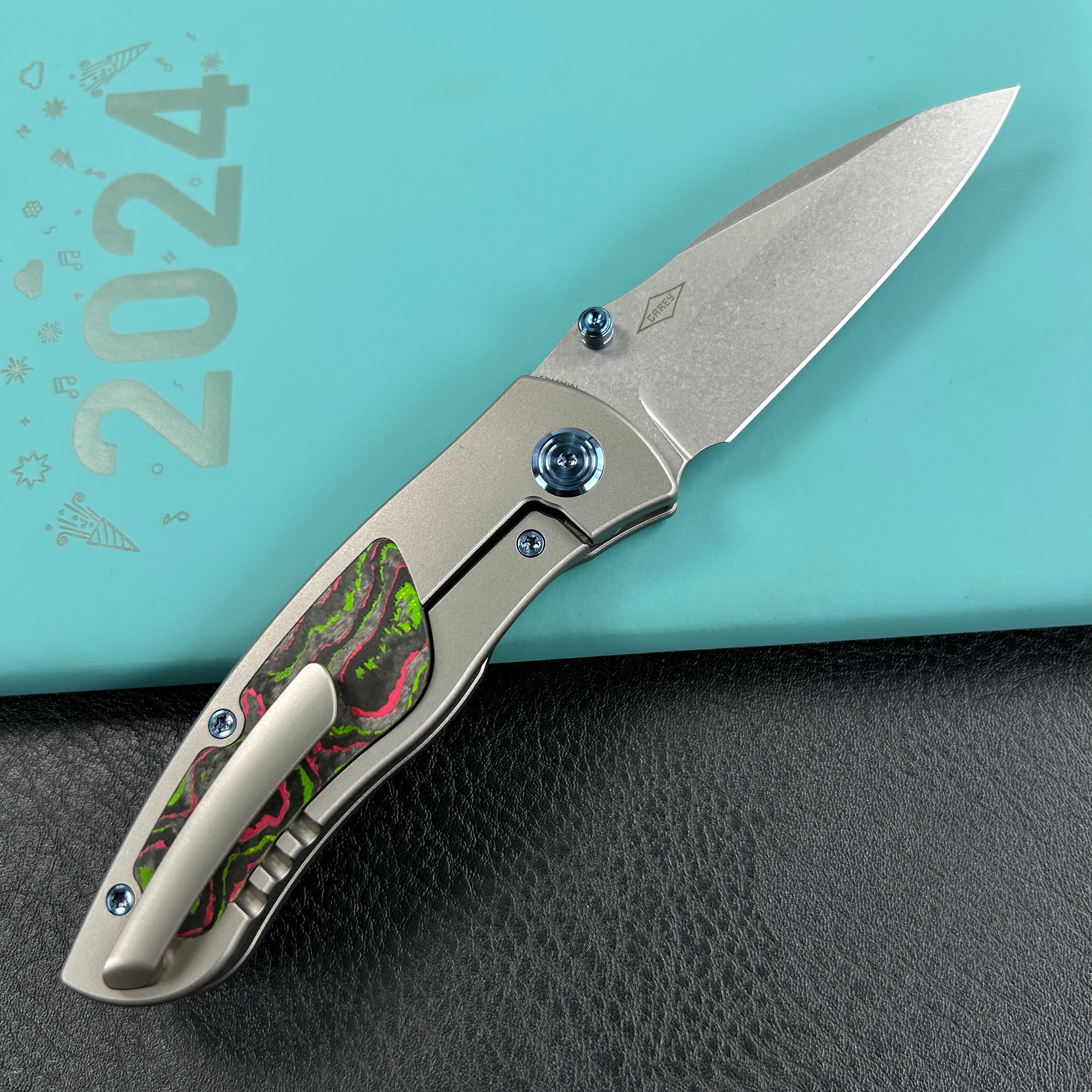 KB Knives KB258B Vertigo Frame Lock Folding Knife Titanium with Watermelon Sugar CamoCarbon Inlays 3.11" Stonewash CPM S35VN Blade