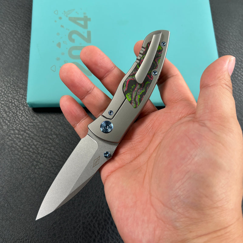 KB Knives KB258B Vertigo Frame Lock Folding Knife Titanium with Watermelon Sugar CamoCarbon Inlays 3.11" Stonewash CPM S35VN Blade