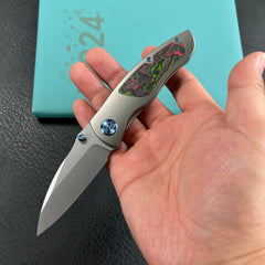 KB Knives KB258B Vertigo Frame Lock Folding Knife Titanium with Watermelon Sugar CamoCarbon Inlays 3.11" Stonewash CPM S35VN Blade