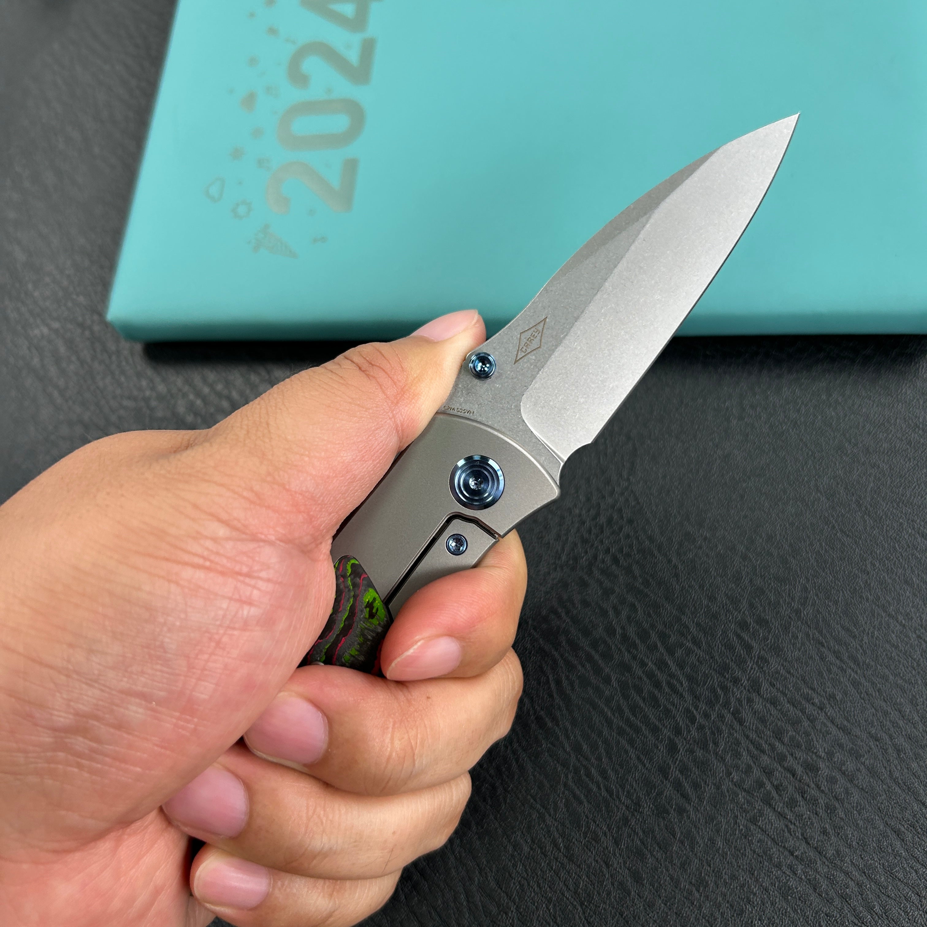 KB Knives KB258B Vertigo Frame Lock Folding Knife Titanium with Watermelon Sugar CamoCarbon Inlays 3.11" Stonewash CPM S35VN Blade