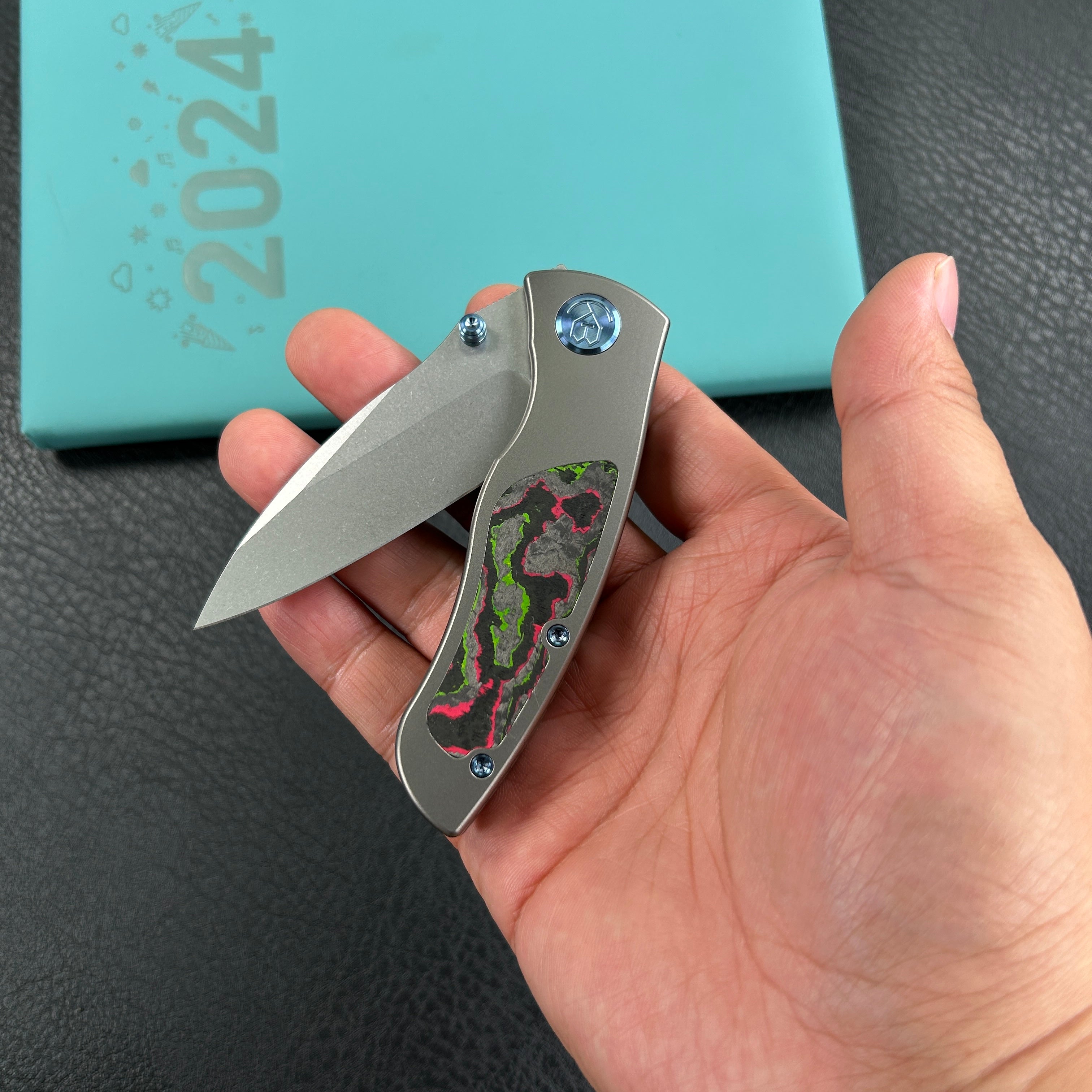 KB Knives KB258B Vertigo Frame Lock Folding Knife Titanium with Watermelon Sugar CamoCarbon Inlays 3.11" Stonewash CPM S35VN Blade