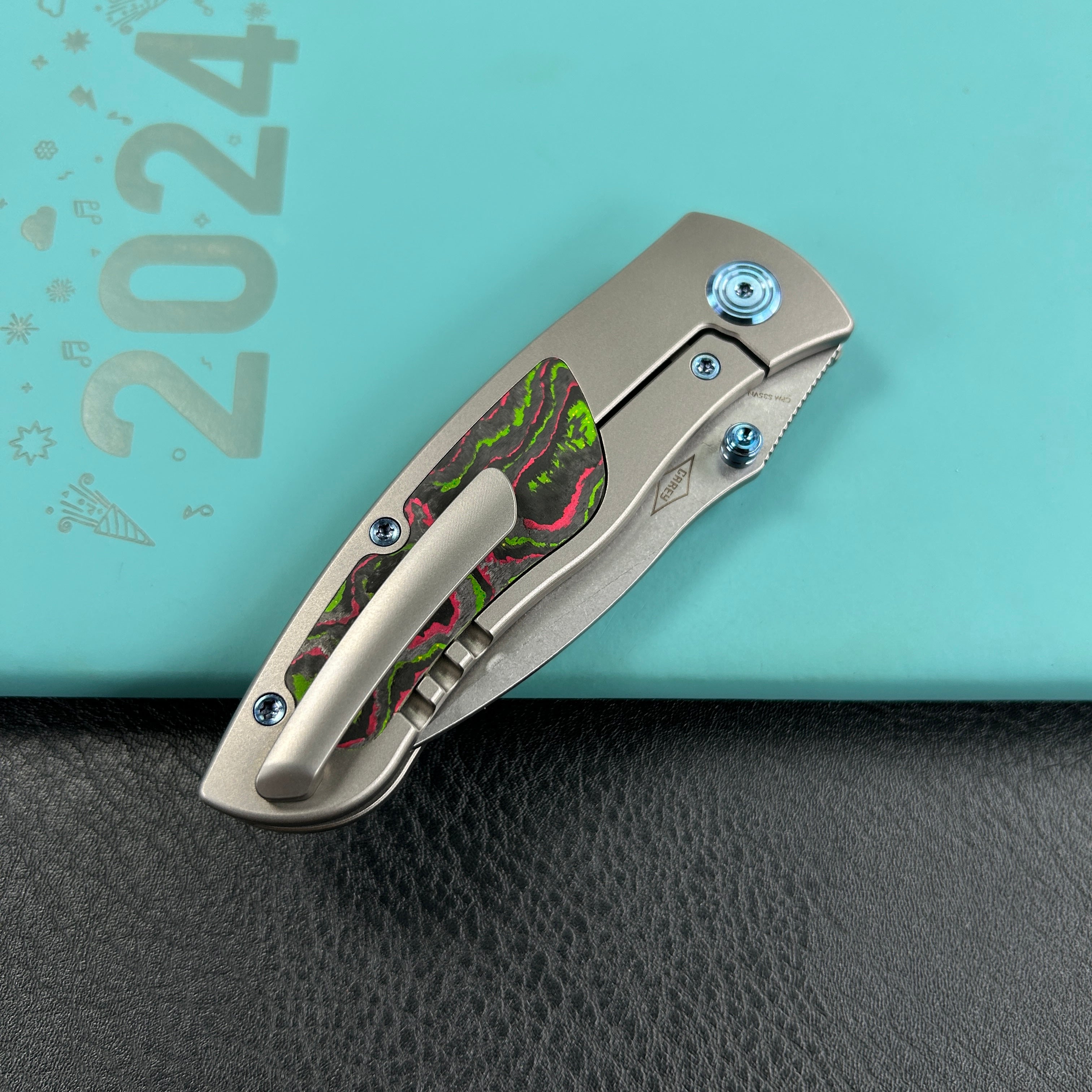 KB Knives KB258B Vertigo Frame Lock Folding Knife Titanium with Watermelon Sugar CamoCarbon Inlays 3.11" Stonewash CPM S35VN Blade