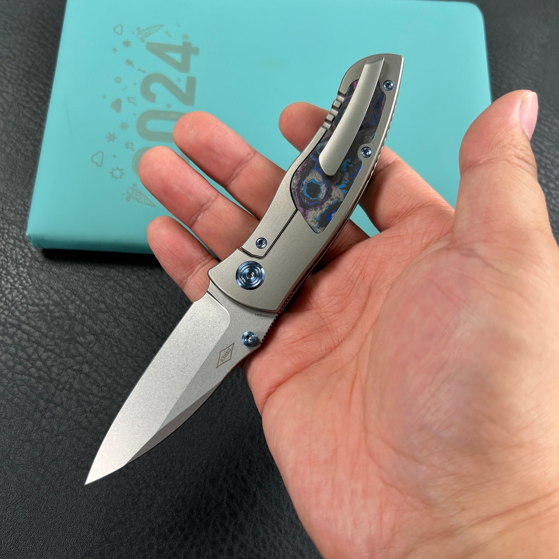 KB KNIVES  KB258C Vertigo Frame Lock Folding Knife Titanium with Damtanium CamoCarbon Inlays 3.11" Stonewash S35VN Blade