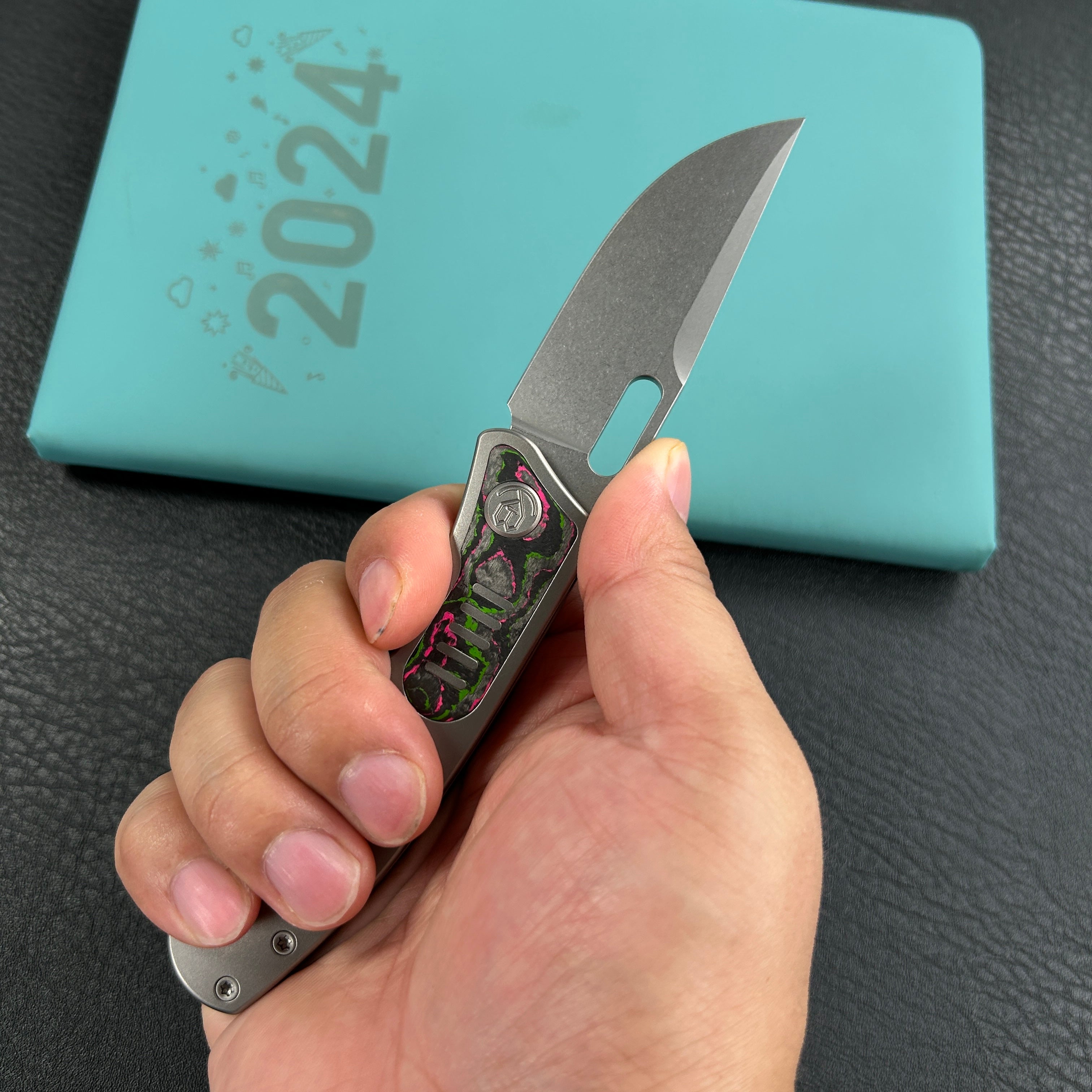 KB Knives KB377B Common Thread Frame Lock Folding Knife Grey Titanium with Watermelon Sugar CamoCarbon 2.95'' M390 Blade