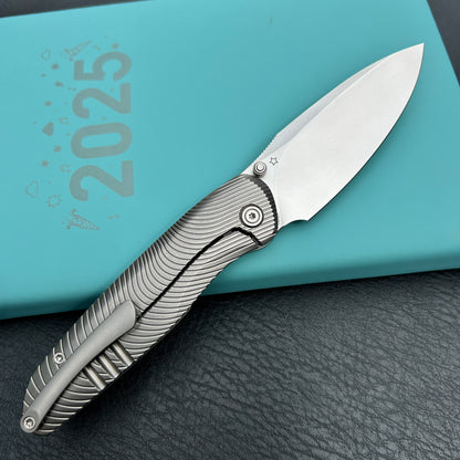 KB knives KB379A Pioneer Folding Knife Sandblast Titanium w/Wave Milling Handle 3.35'' Beadblast CPM 20CV Blade