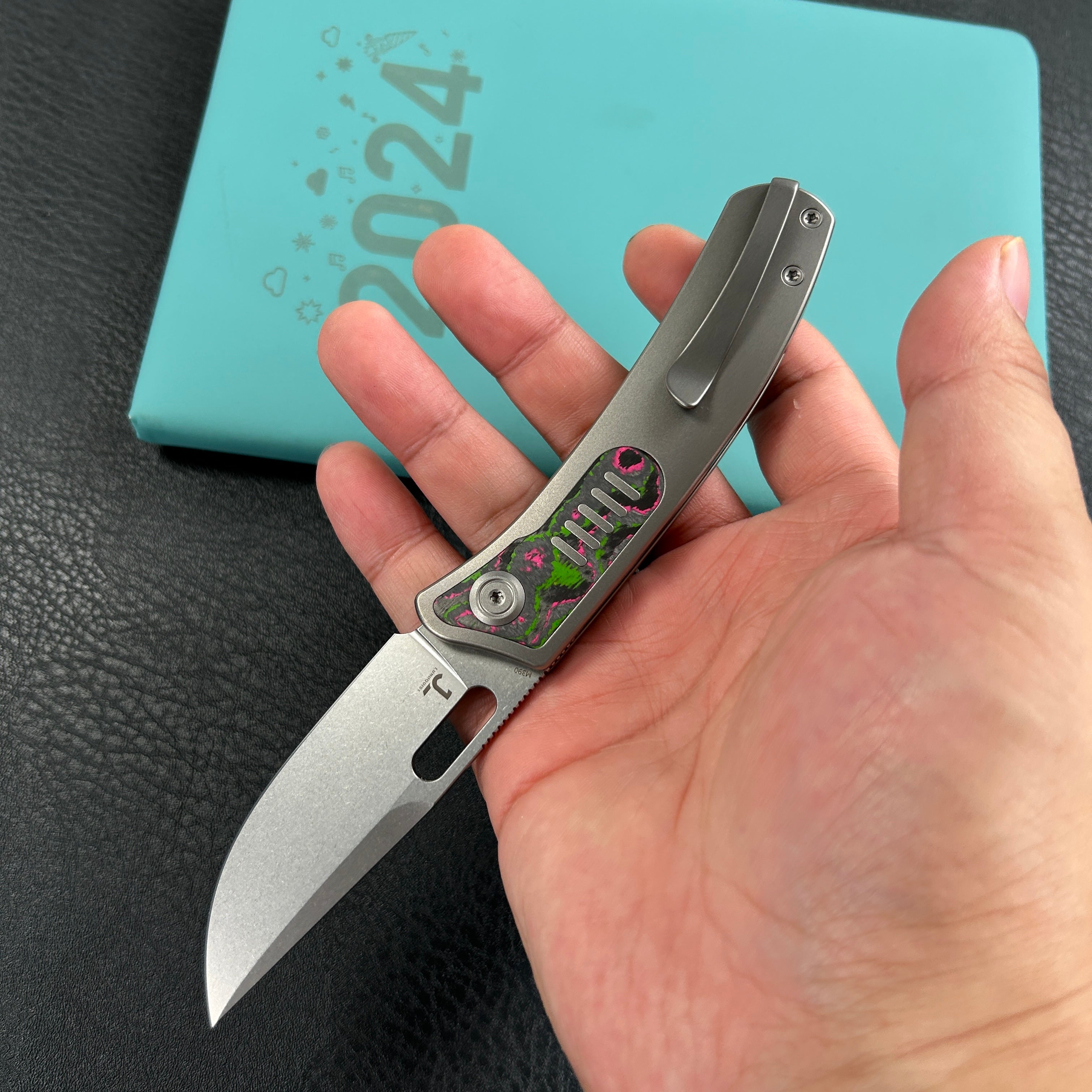 KB Knives KB377B Common Thread Frame Lock Folding Knife Grey Titanium with Watermelon Sugar CamoCarbon 2.95'' M390 Blade