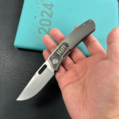 KB Knives KB377B Common Thread Frame Lock Folding Knife Grey Titanium with Watermelon Sugar CamoCarbon 2.95'' M390 Blade