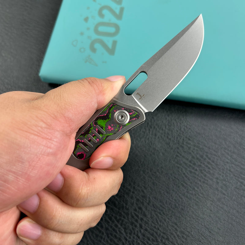 KB Knives KB377B Common Thread Frame Lock Folding Knife Grey Titanium with Watermelon Sugar CamoCarbon 2.95'' M390 Blade