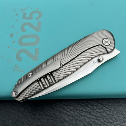 KB knives KB379A Pioneer Folding Knife Sandblast Titanium w/Wave Milling Handle 3.35'' Beadblast CPM 20CV Blade