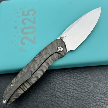 KB knives KB379B Pioneer Folding Knife  Tiger Stripe  Flame Titanium w/ Wave Milling Handle 3.35'' Beadblast CPM 20CV Blade