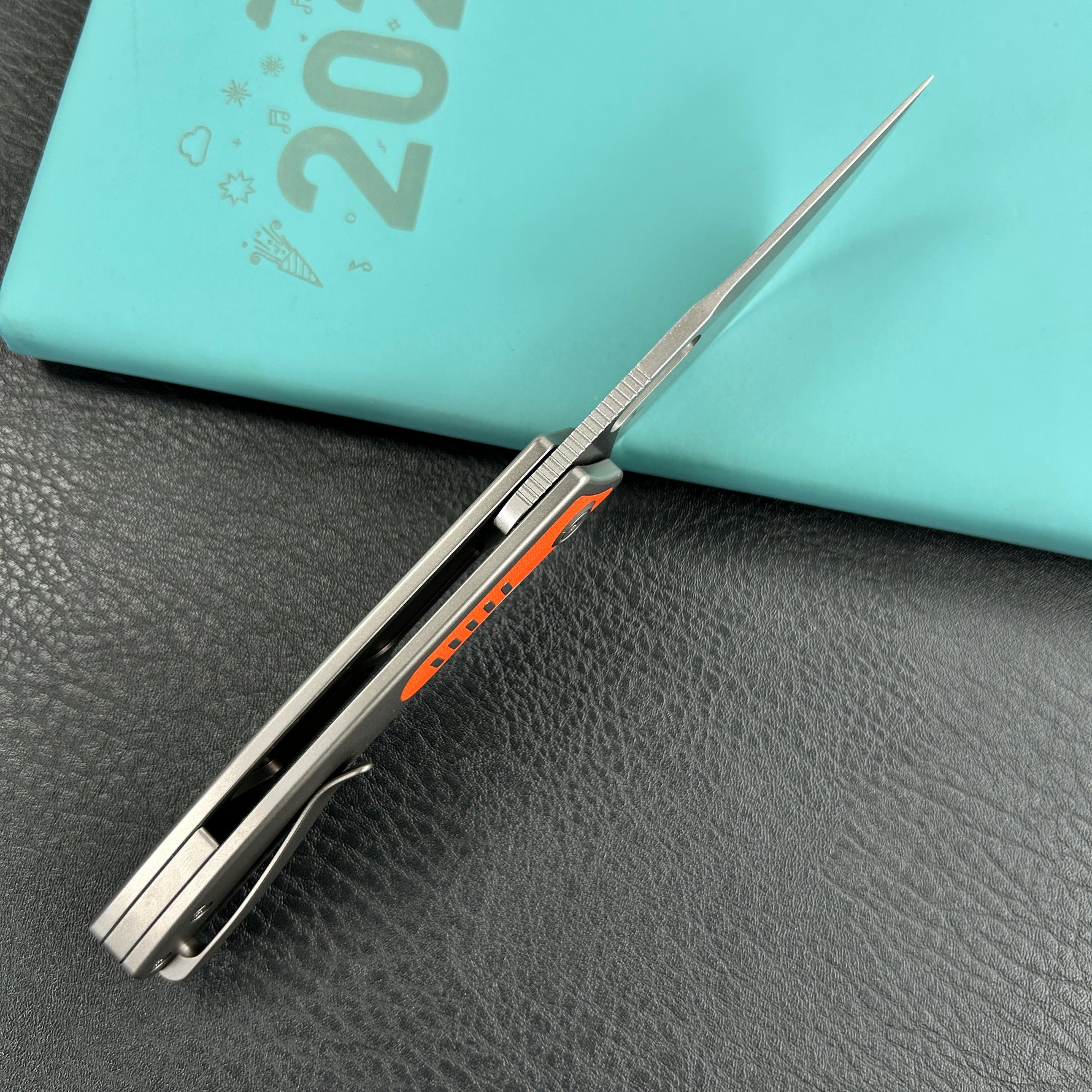 KB KNIVES  KB377A Common  Thread Frame Lock Folding Knife Grey Titanium with Orange G10 Inlays 2.95'' M390 Blade