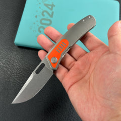 KB Knives  KB377A Common  Thread Frame Lock Folding Knife Grey Titanium with Orange G10 Inlays 2.95'' M390 Blade